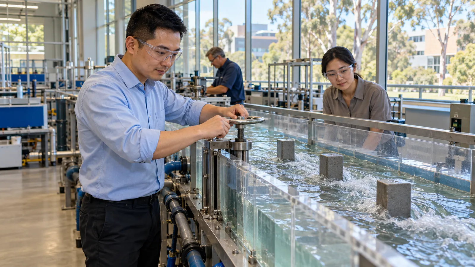 澳洲大學明亮的工程實驗室內,穿淺藍色工作服的男子調校水槽裝置,旁邊的女子專注觀察水流。