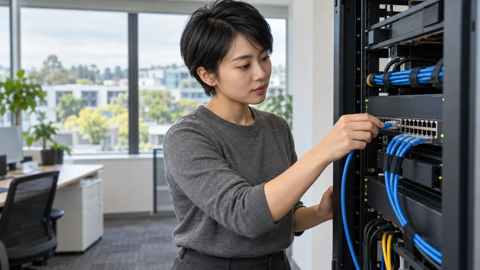 一名黑色短髮、身穿灰色工作服的年輕女子，在自然光充足的辦公室內，專注地將藍色網絡線接上機架內的網絡設備。