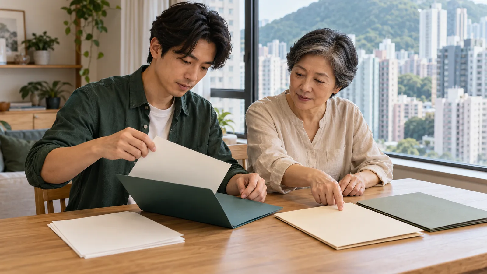 一名穿森林綠恤衫的年輕男子與年長女士在香港家中的木桌旁整理紙張及文件夾,窗外可見住宅樓宇與青山。