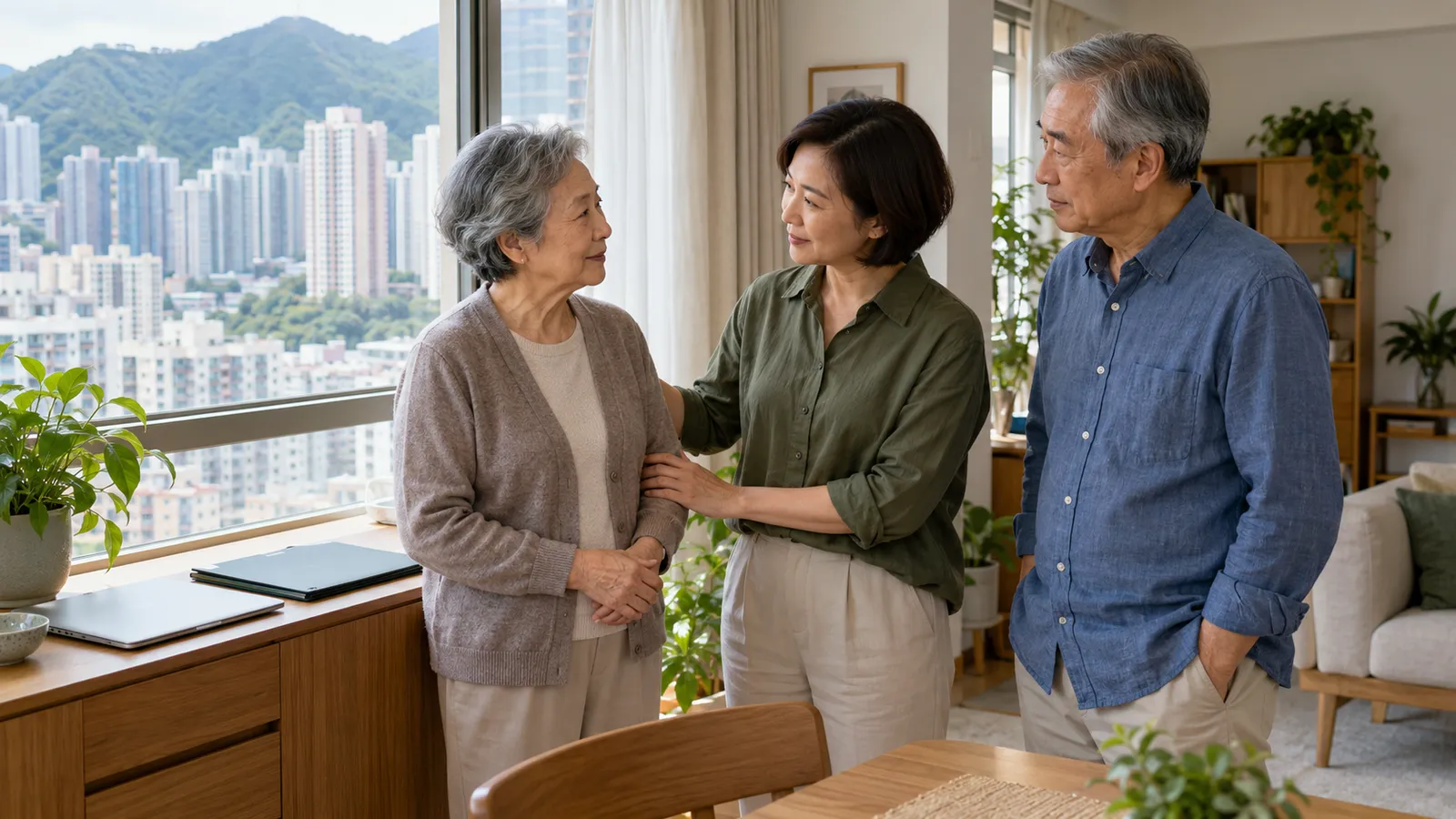 一名穿橄欖綠恤衫的短髮香港女子，與年長父母站在家中窗邊溫暖交談，窗外可見住宅樓群與青山。