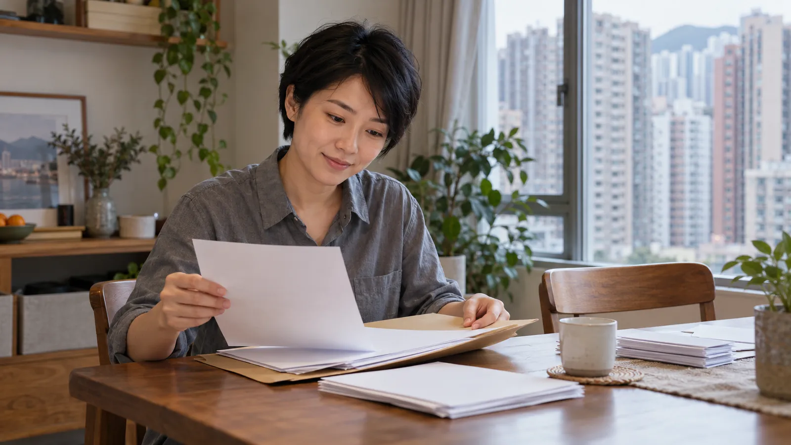 一名黑色短髮、穿灰色恤衫的香港女子，在陽光透入的家中餐桌前整理文件，窗外是高樓林立的住宅景色。