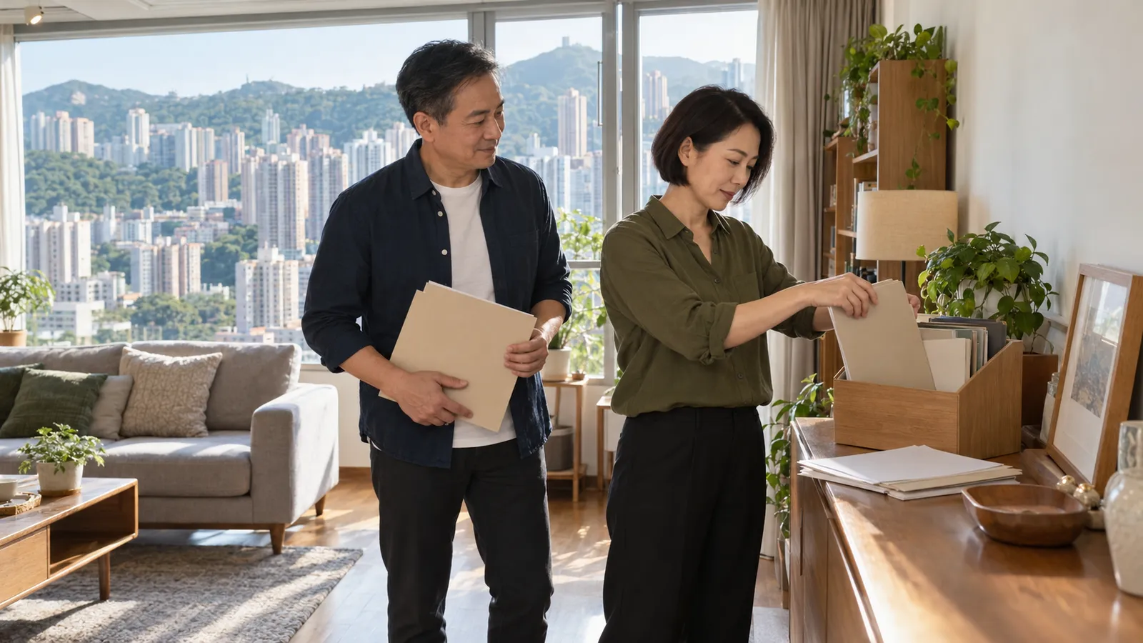 一名穿橄欖綠恤衫的短髮香港女子站在家中整理文件夾，身旁男士手持文件夾，窗外可見住宅樓群與翠綠山景。
