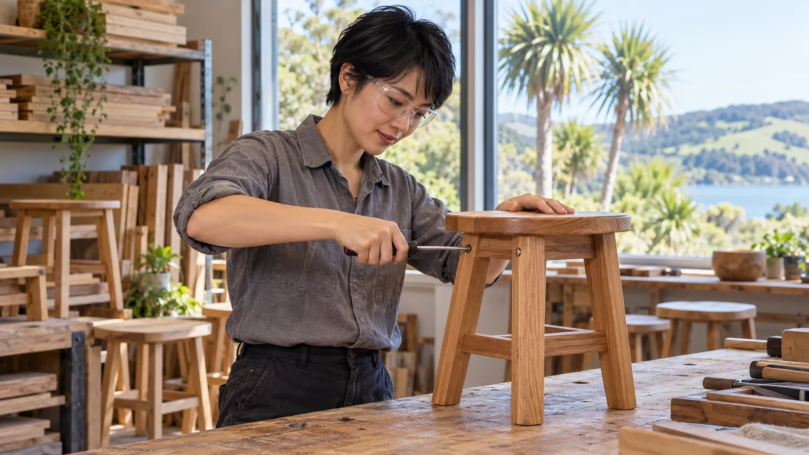 一名穿灰色工作服、戴護目鏡的短髮香港女子,在陽光充足的新西蘭木工坊內,用螺絲批仔細裝嵌木凳。