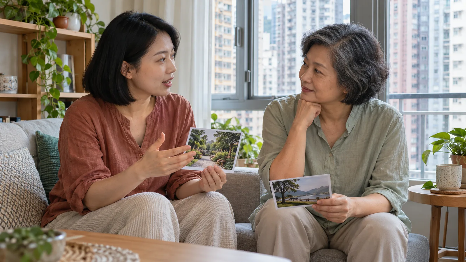 穿陶紅色上衣的短髮女子與年長女士坐在香港家中窗邊，手持風景圖卡練習口語，彼此專注交流。