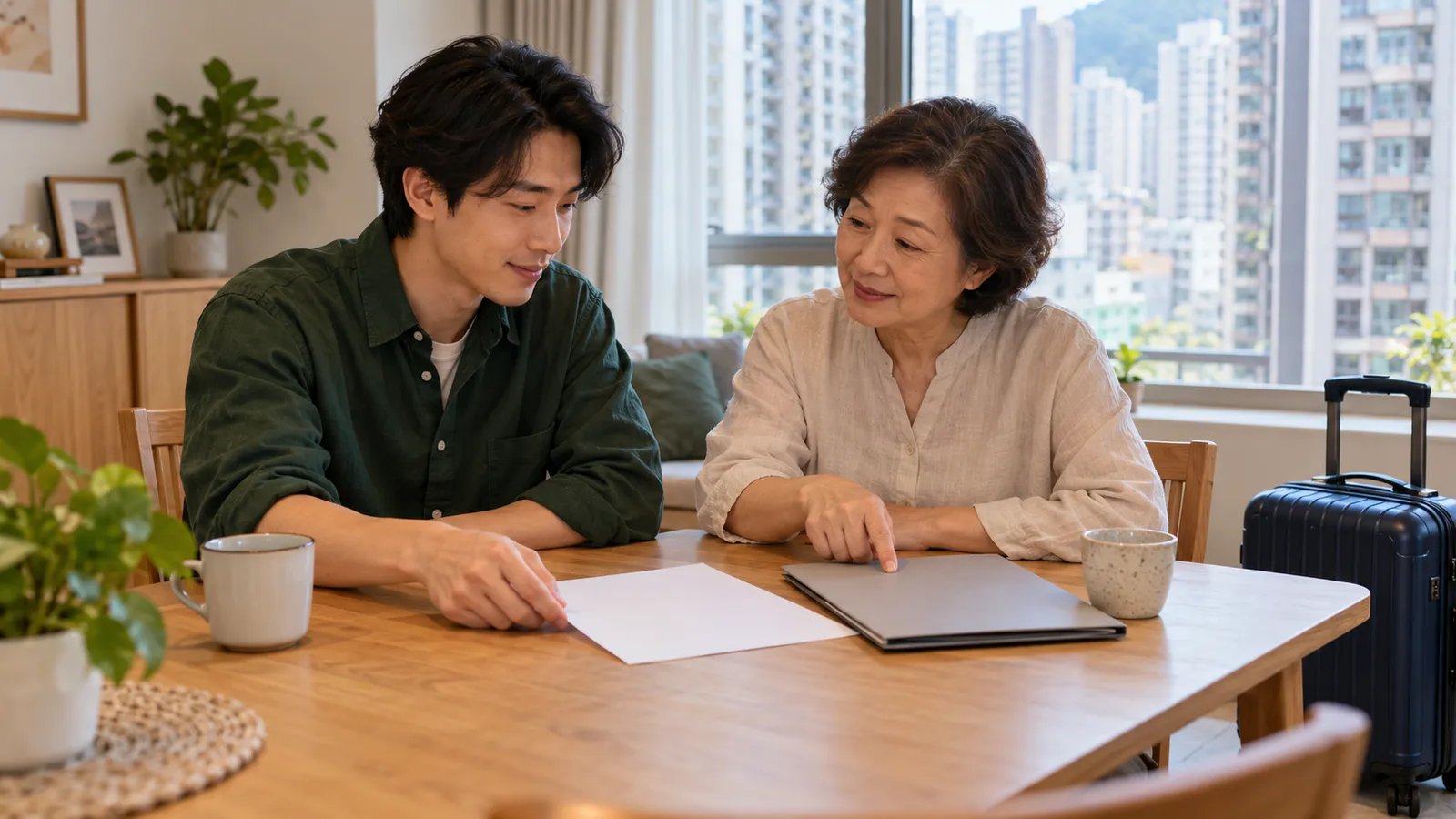 穿深綠色恤衫的年輕男子與年長女士坐在香港家中的餐桌旁，商量桌上的紙張及文件夾，旁邊放着行李箱。
