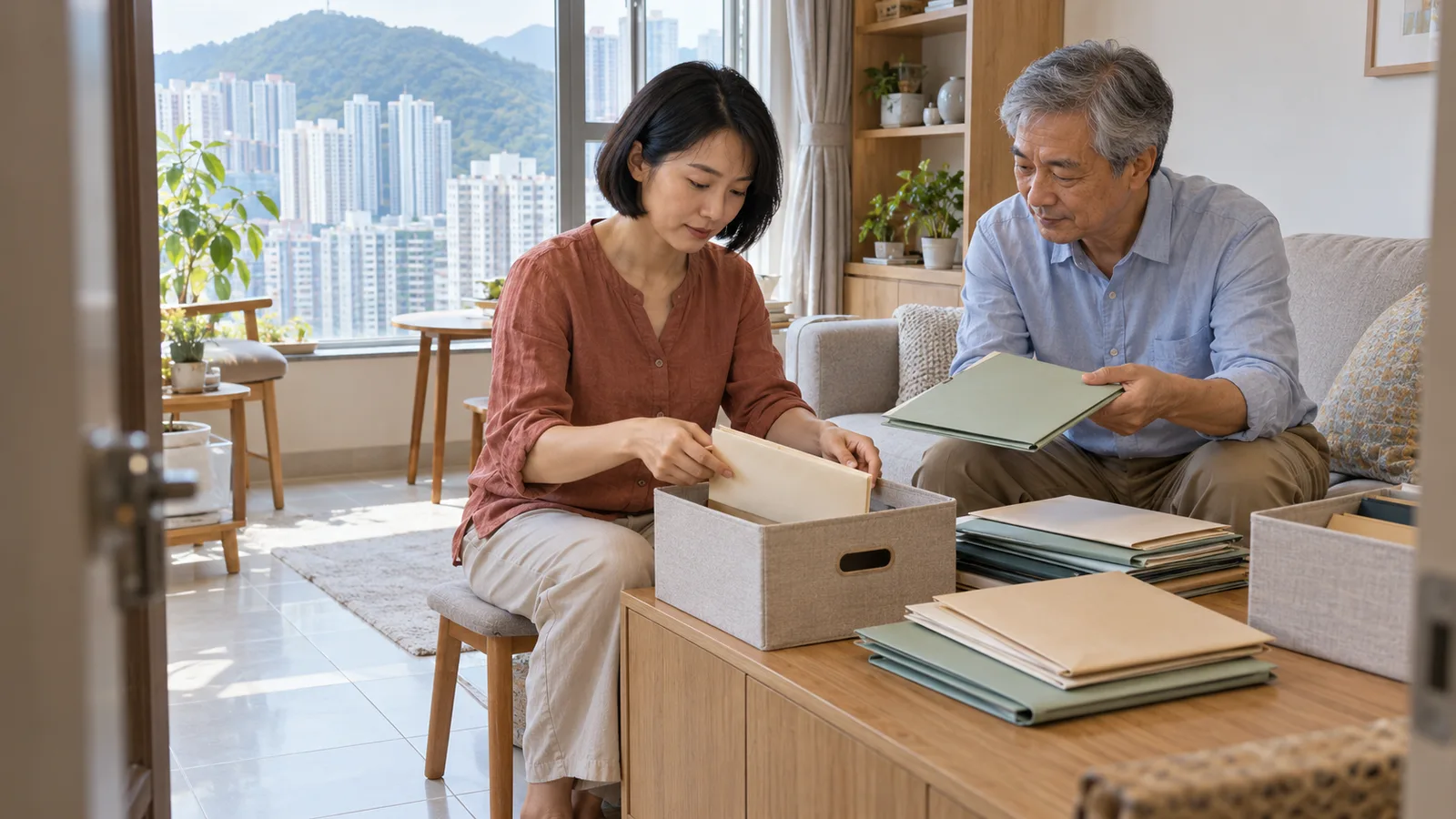穿陶土色上衣的短髮女子與年長男士在香港家中一起整理文件夾及信封，窗外可見住宅高樓與青蔥山景。