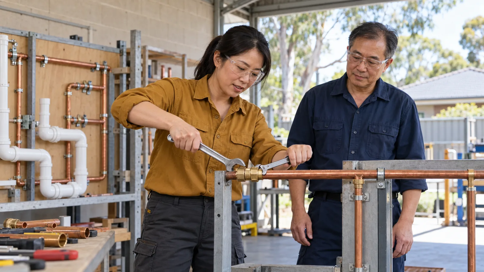穿赭黃色工作服的香港女子在澳洲水喉訓練工場站立示範用扳手收緊銅喉接頭，旁邊一名男學員專注觀察。