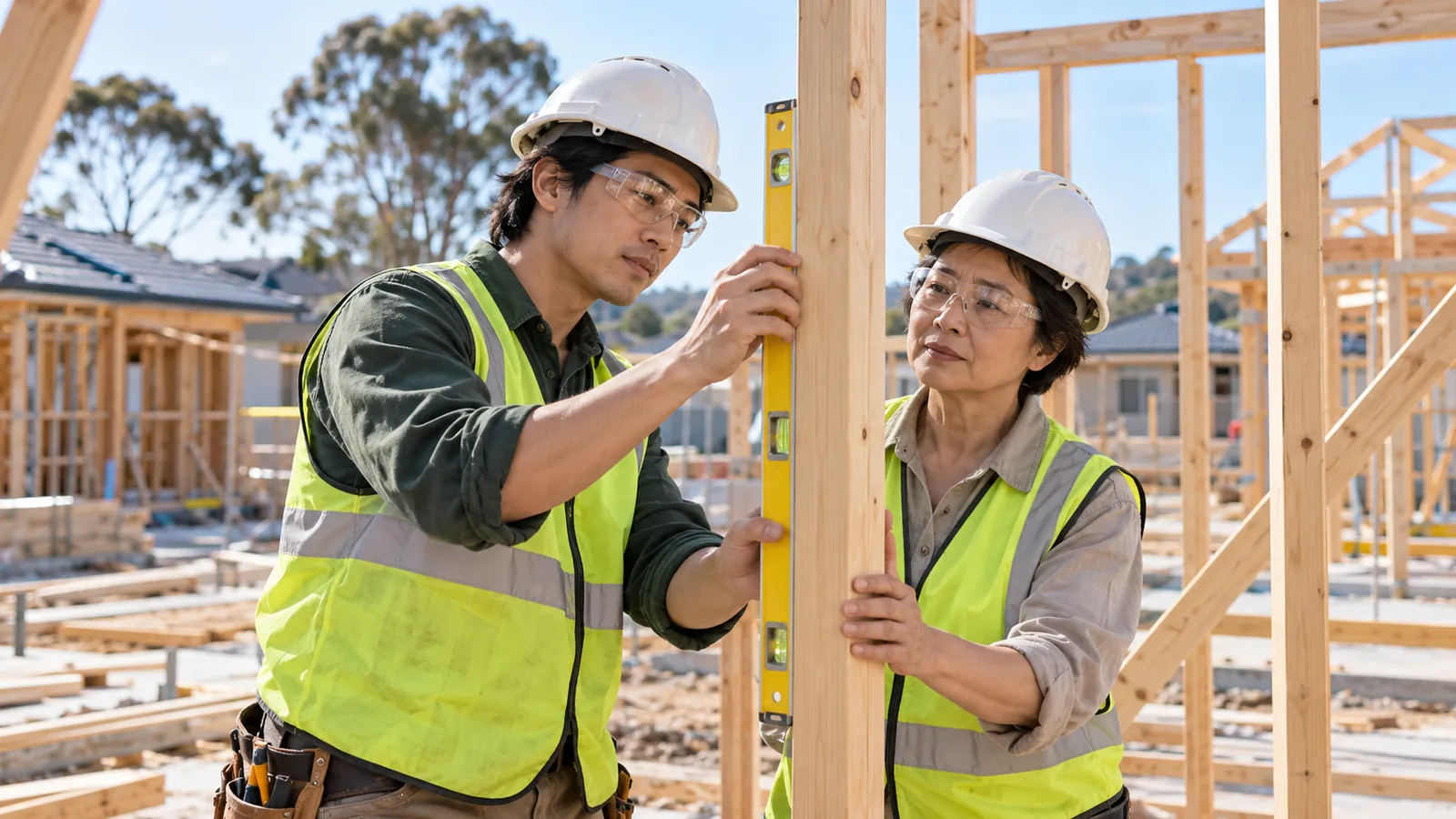 澳洲住宅工地上，身穿深綠色工作服的年輕香港男工人與年長女同事戴着安全帽，合作用水平尺檢查木柱是否垂直。