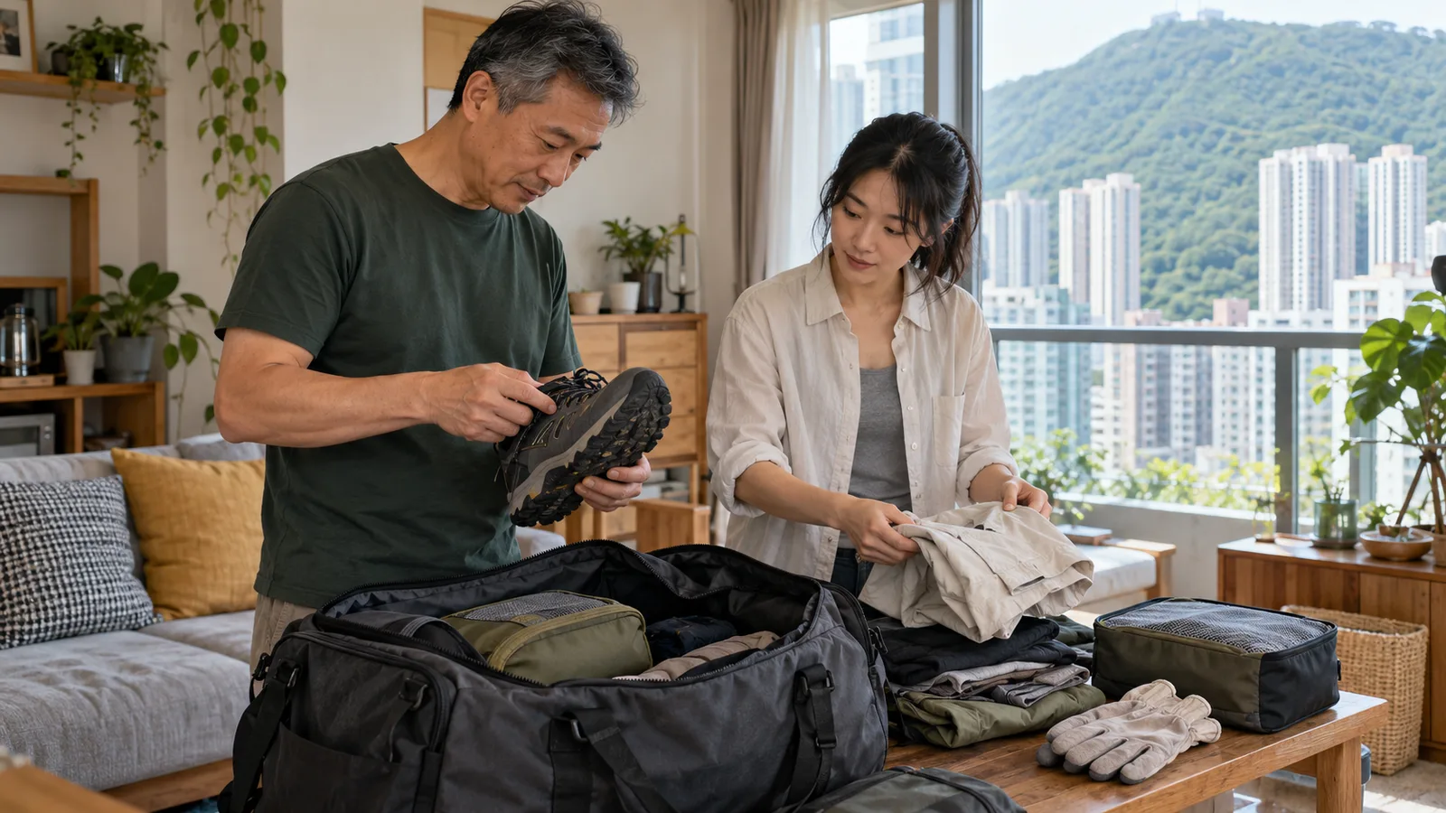 穿深綠色上衣的灰髮男士與年輕女同事在香港家居整理旅行袋、衣物及工作手套，並檢查鞋履。