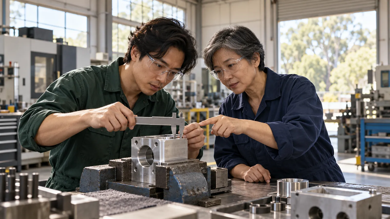 穿深綠色工作服的年輕男子在澳洲工程工作間用卡尺量度金屬零件，旁邊一位年長女同事專注指導，兩人均戴着護目鏡。