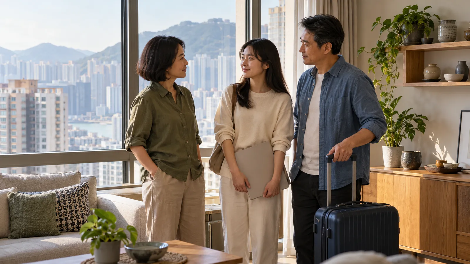 穿橄欖綠恤衫的短髮女士與家人站在香港家中窗邊，年輕女子手持文件夾，男子扶着行李箱，三人在自然光下微笑交流。