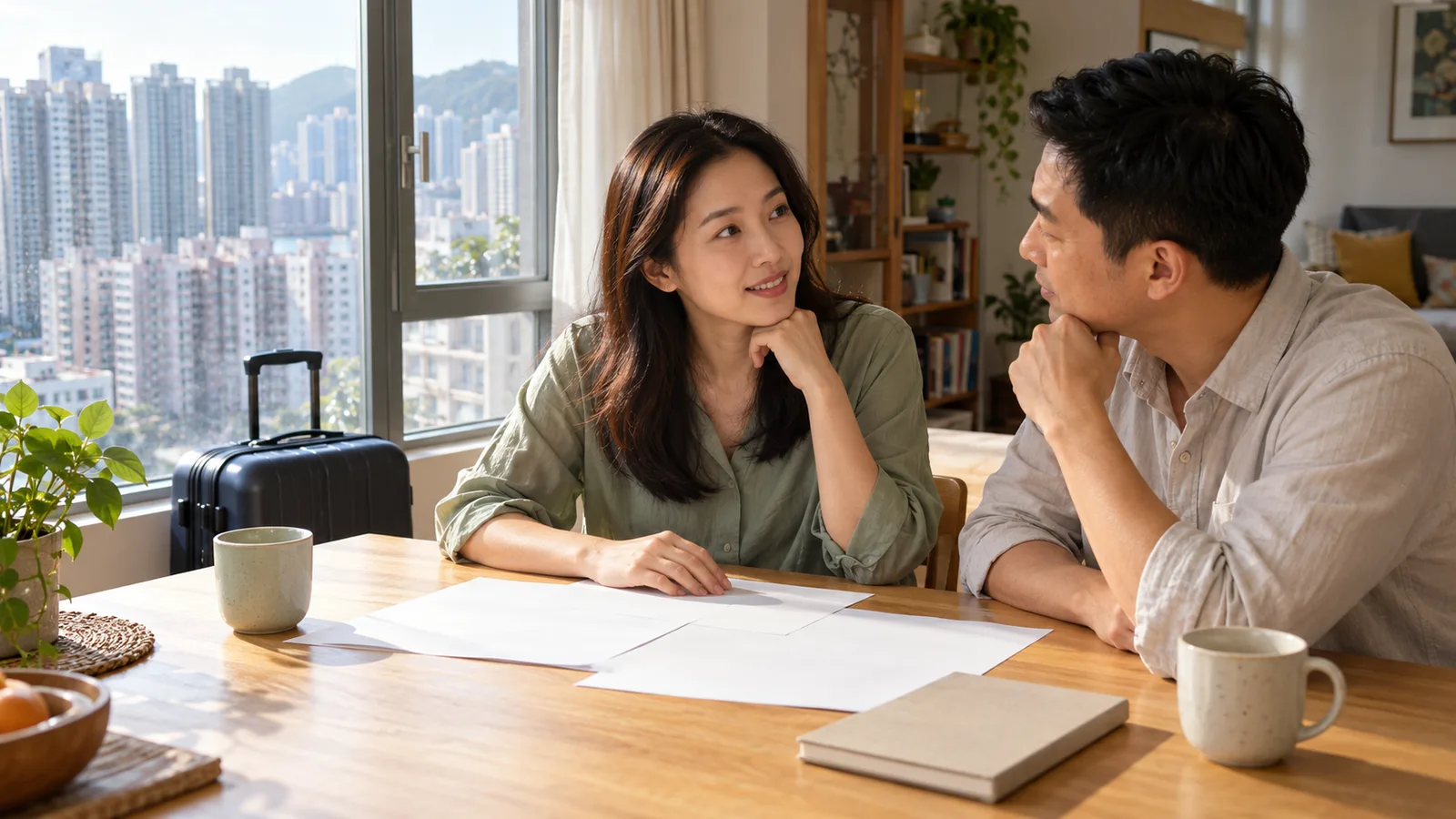 一名香港女子與男伴在陽光充足的家中交談，桌上放着白紙、筆記簿和茶杯，窗旁擺着行李箱。