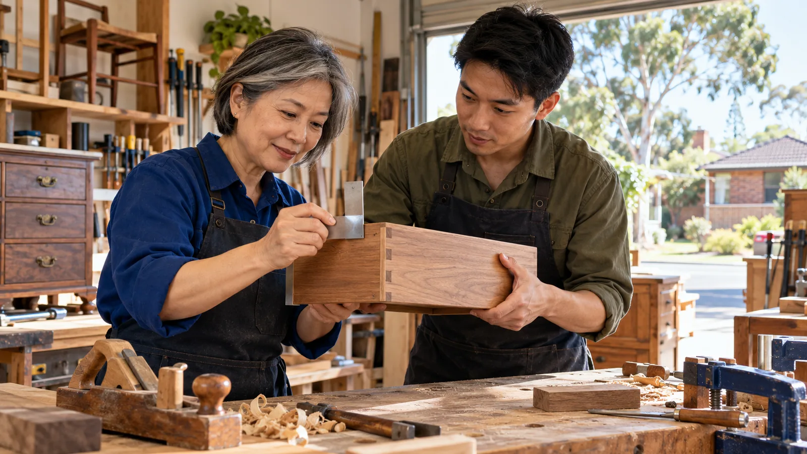 一名穿深藍工作服、短髮帶銀絲的香港女子，在澳洲木工工場與年輕男同事用角尺檢查木抽屜的接合位置。