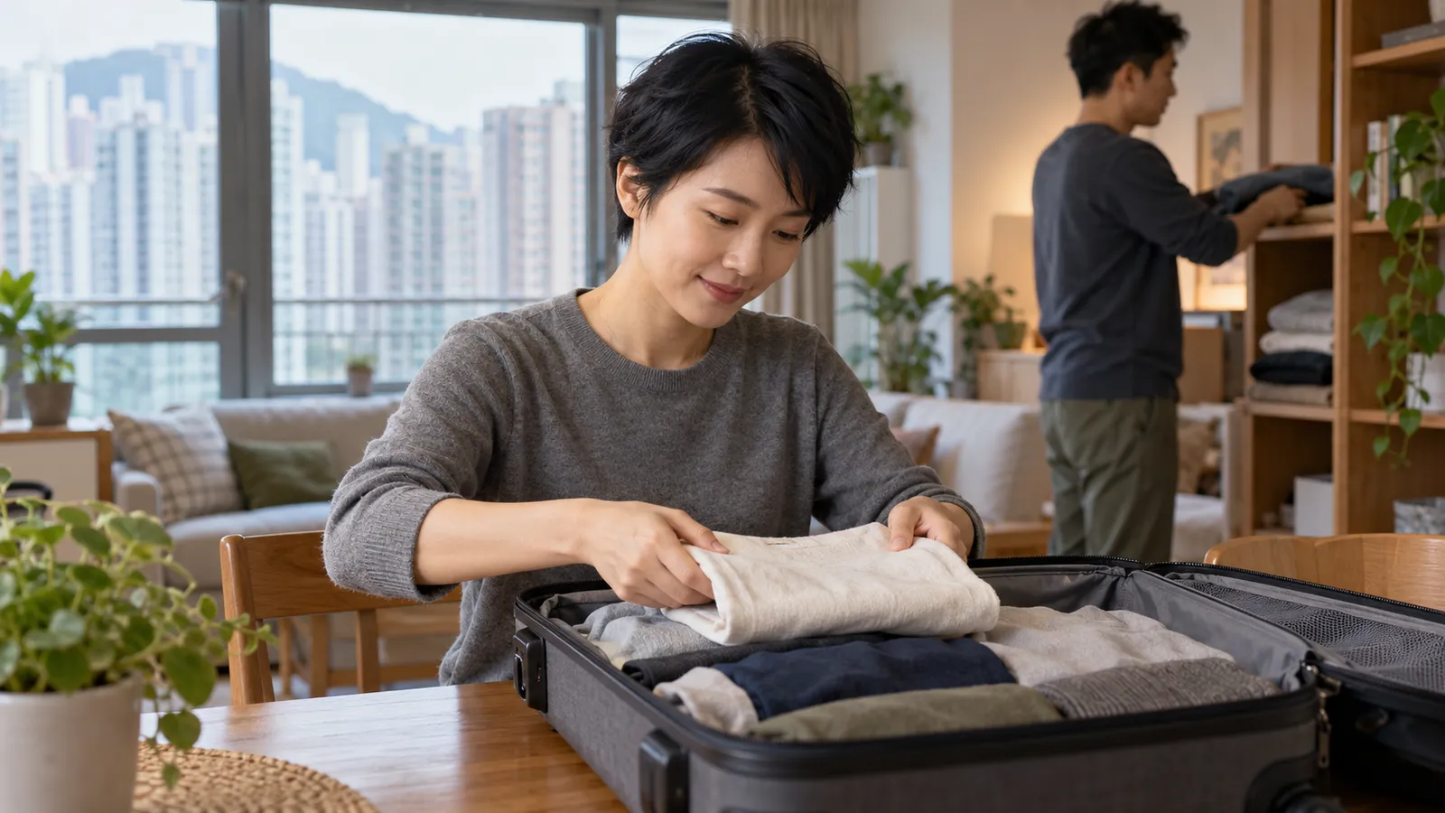 一名穿灰色上衣的短髮女子在香港家中將摺好的衣物放進行李箱，身後男子正整理衣物，窗外可見密集住宅大廈。