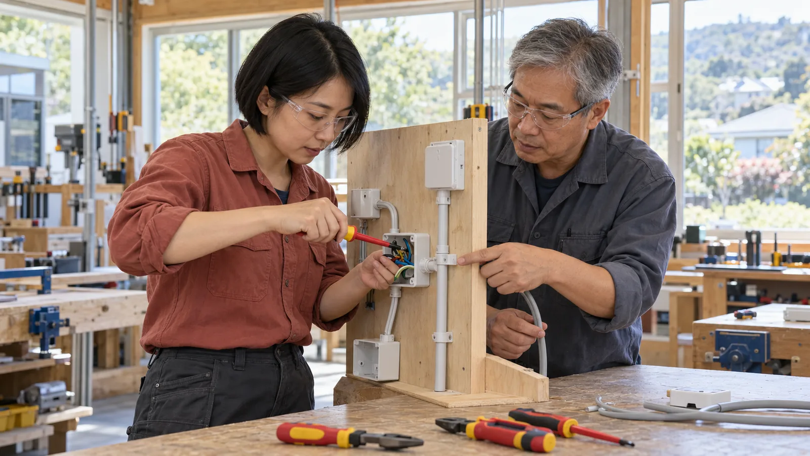 穿陶土色工作服的短髮女子與年長男子戴着護目鏡，在明亮的新西蘭工場協作練習電工接線。